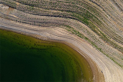 Arial view of land and a lake